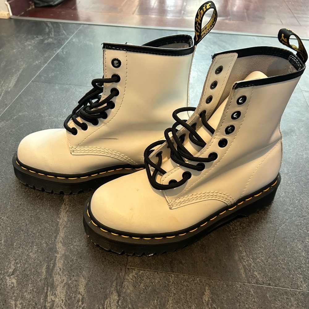 Dr. Martens White Platform Boots with Black Trim